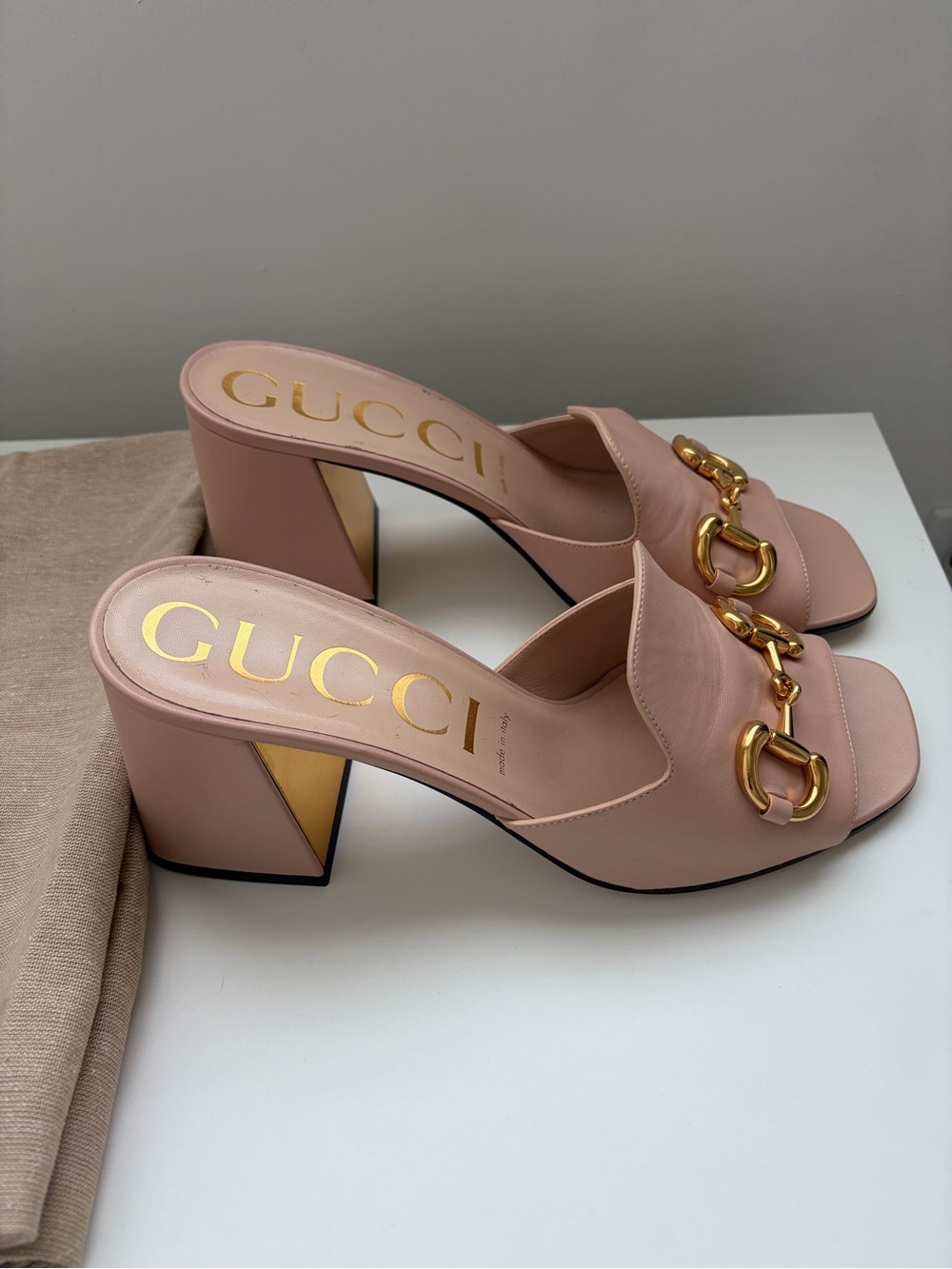 Gucci Horsebit Nappa 75 Pink Leather Block Heel Mules